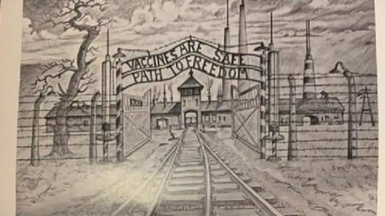 Antyszczepionkowcy wykorzystali rysunki nazistowskiego obozu zagłady by zniechęcić Londyńczyków do szczepień