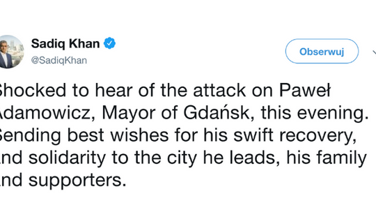 Atak na Prezydenta Gdańska - życzenia powrotu do zdrowia od Burmistrza Londynu