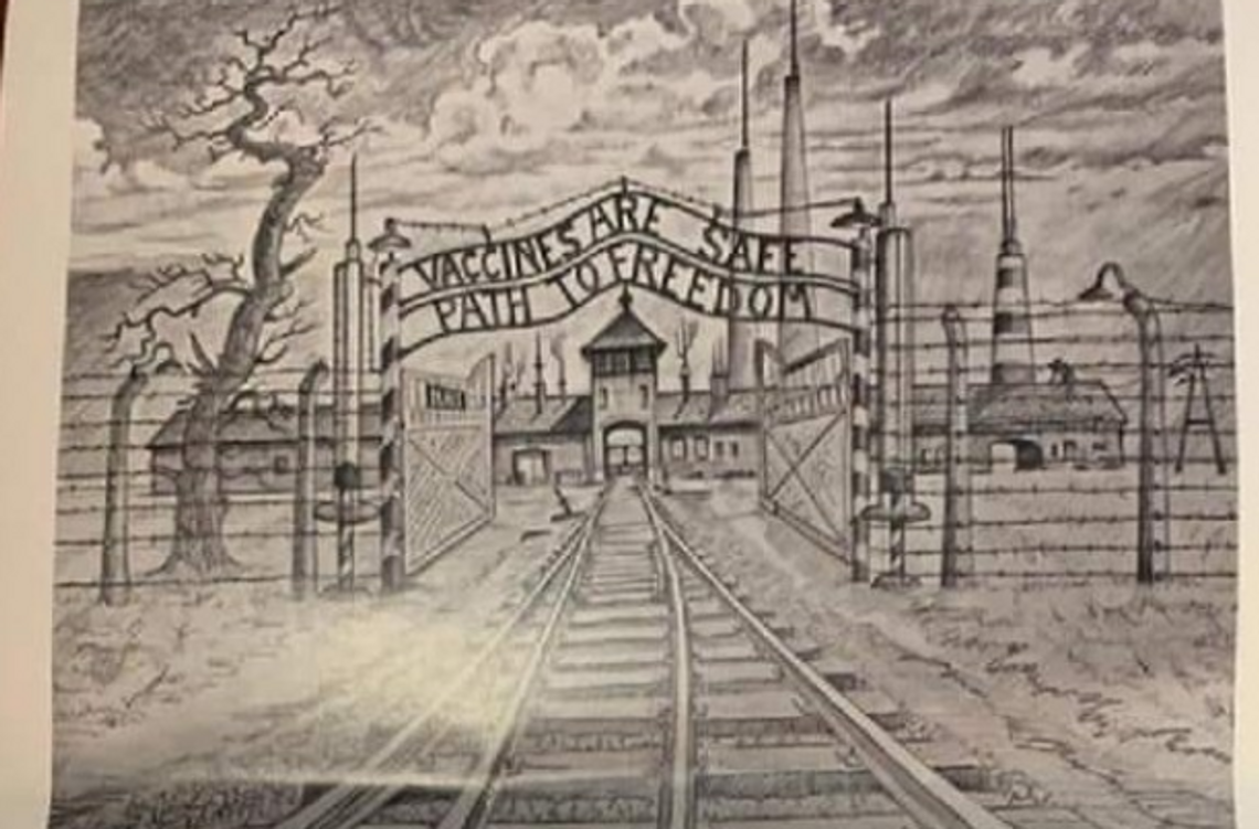 Antyszczepionkowcy wykorzystali rysunki nazistowskiego obozu zagłady by zniechęcić Londyńczyków do szczepień