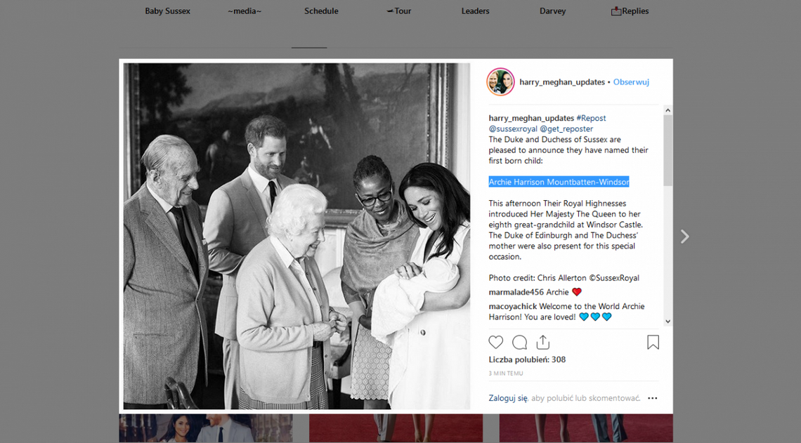 Książę i księżna Sussex przez media społecznościowe podali jak na imię będzie miał ich syn.