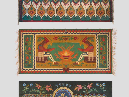Karol Kłosowski Ornamental Textiles TOP TO BOTTOM: Kilim with a geometric pattern, undated, after 1910 Kilim with Highlander Highwaymen, undated, after 1910 One of three altar frontals from Madonna of Częstochowa Old Church in Zakopane, after 1945  For all PRESS enquiries please contact Hannah Vitos
