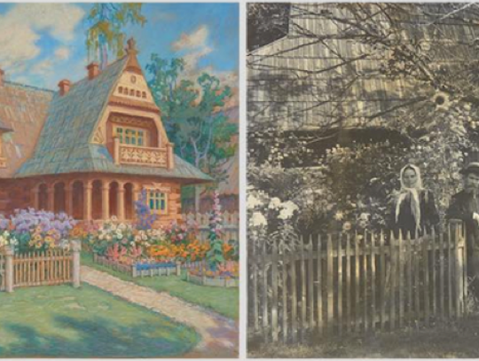 Left: Karol Kłosowski’s drawing of the Silent Villa dated 1941, showing the house and the garden after all extensions and alterations 59×72cm Right: Photograph of Karol Kłosowski and his wife Katarzyna in front of the Silent Villa, taken presumably between 1907 and 1915 Private Collection. By Descen